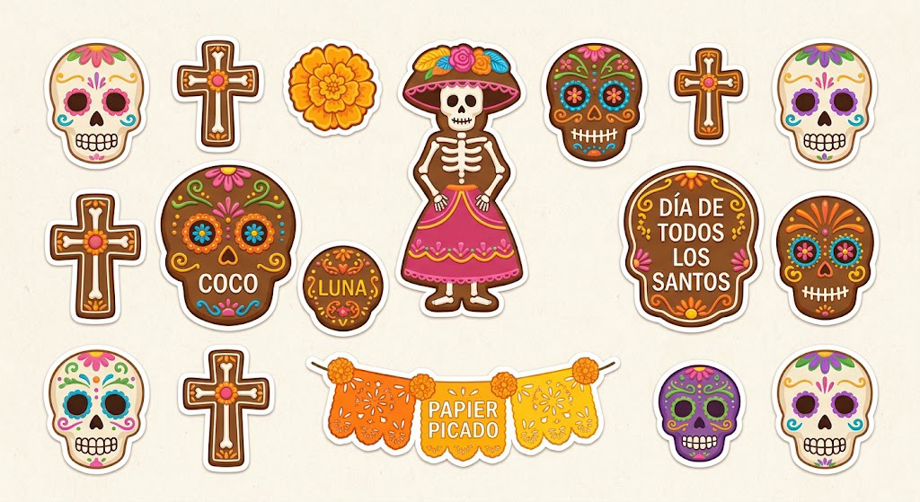 Biscotti illustrati con teschi Calavera colorati, fiori di cempasúchil, croci e festoni di papel picado
