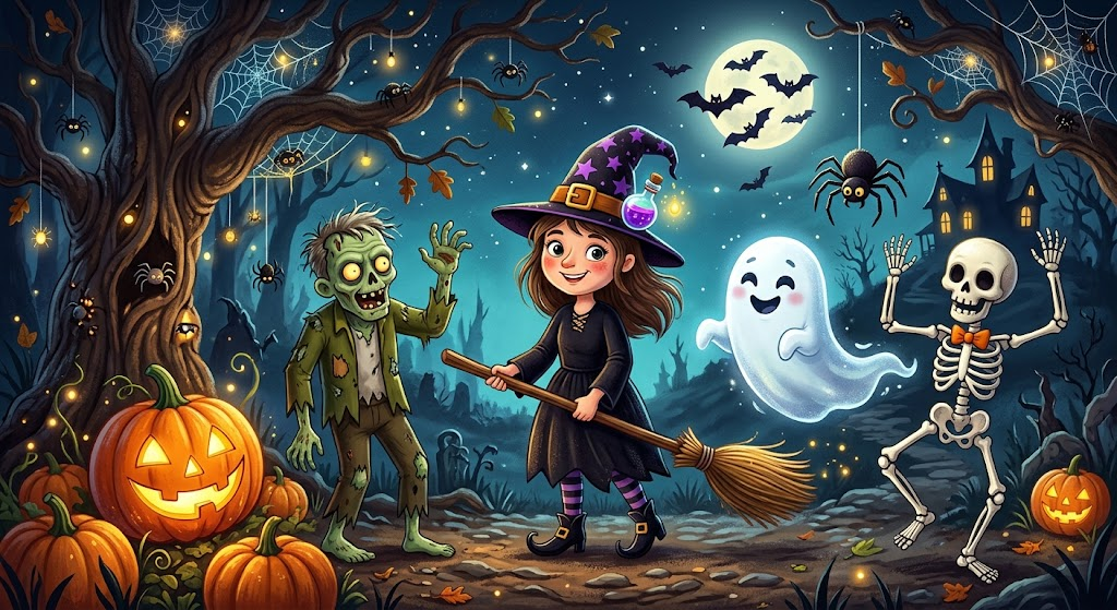 Illustrazione di Halloween con una strega sorridente, un fantasma, uno scheletro, uno zombie, zucche illuminate e pipistrelli al chiaro di luna
